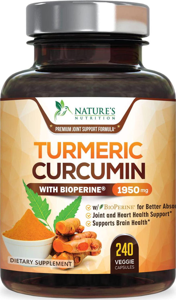 Turmeric Curcumin Highest Potency 95% Standardized Curcuminoids 1950mg with Bioperine for Best Absorption, Made in USA, Best Vegan Joint Pain Relief Turmeric Pills by Natures Nutrition - 240 Capsules