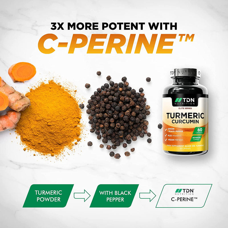 Turmeric Curcumin Supplements Capsules with Black Pepper Piperine, Ginger, Active Curcuminoids Extract and Vitamin C - Tumeric Curcumin Supplement Complex for Joints and Pain Relief - 60 Capsules, Vegan
