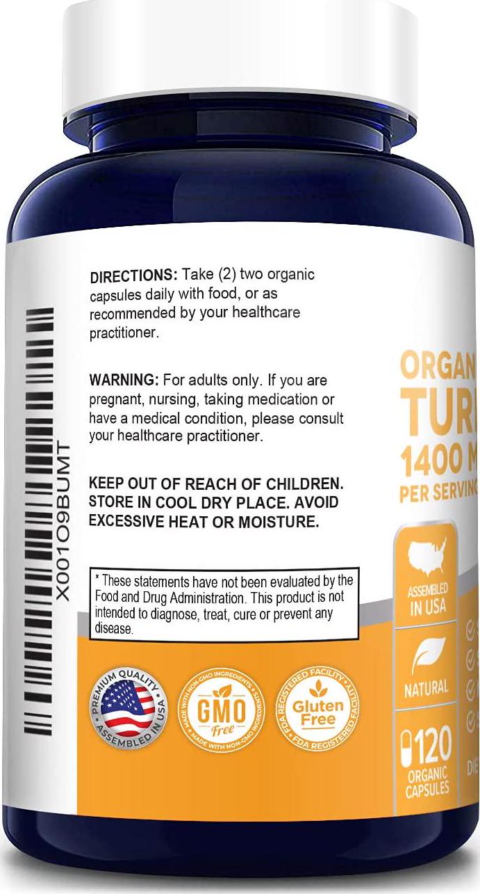 Turmeric Curcumin (USDA Organic) with Black Pepper Extract Vegan 1400mg per Serving - Organic Black Pepper Instead of BioPerine - 120 Tablets: No Pills