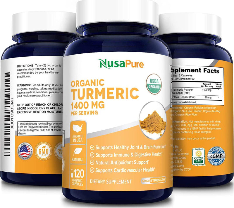 Turmeric Curcumin (USDA Organic) with Black Pepper Extract Vegan 1400mg per Serving - Organic Black Pepper Instead of BioPerine - 120 Tablets: No Pills