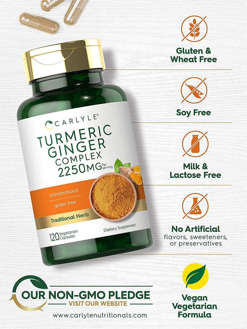 Turmeric Curcumin and Ginger Complex | 2250 mg | 120 Capsules | Vegetarian, Non-GMO, Gluten Free Supplement | by Carlyle