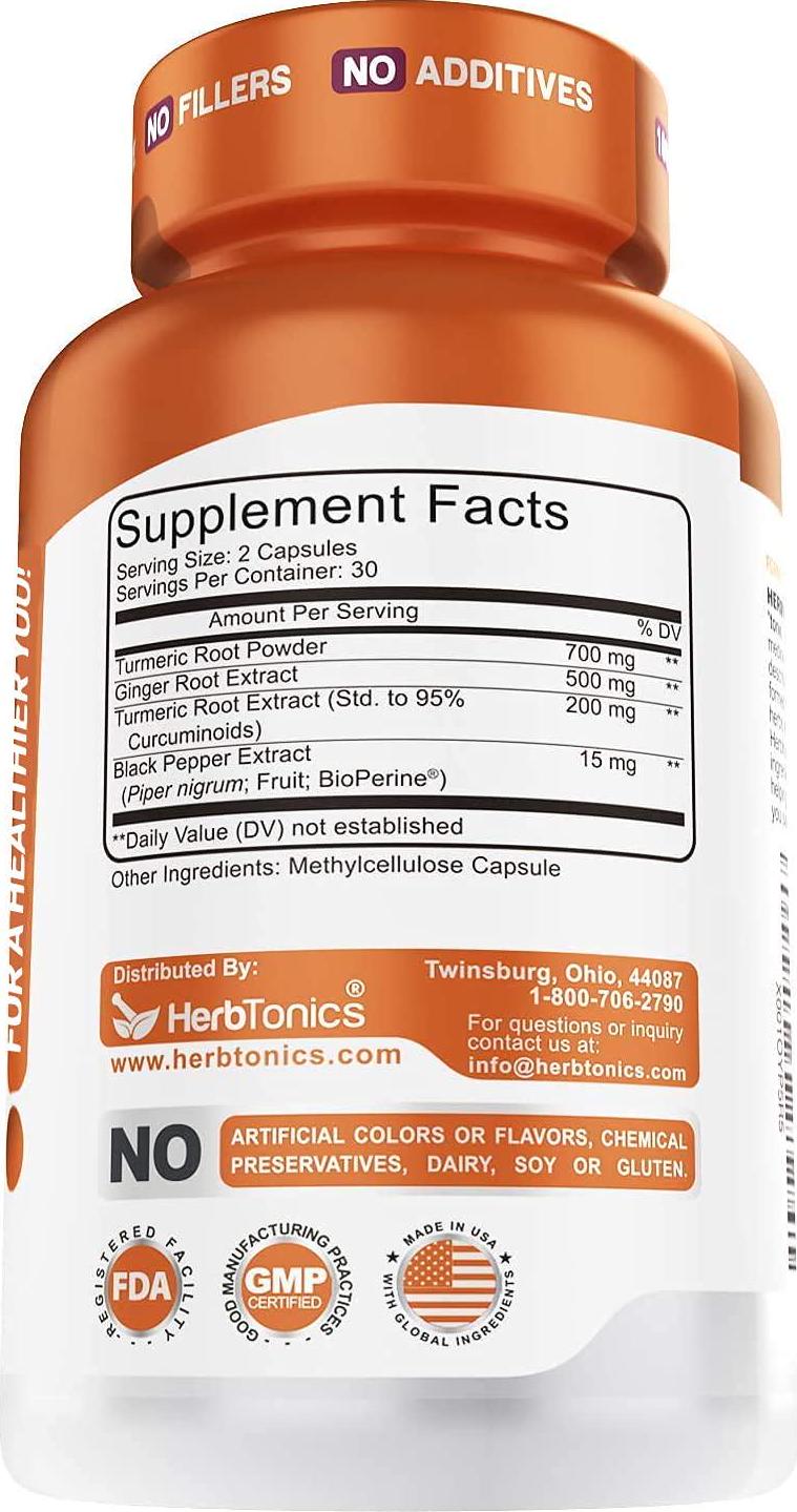 Turmeric Curcumin and Ginger Capsules 1400mg with Black Pepper (Bioperine) l Joint Pain Relief Supplement, Anti-Inflammatory, Antioxidant Tumeric Ginger.