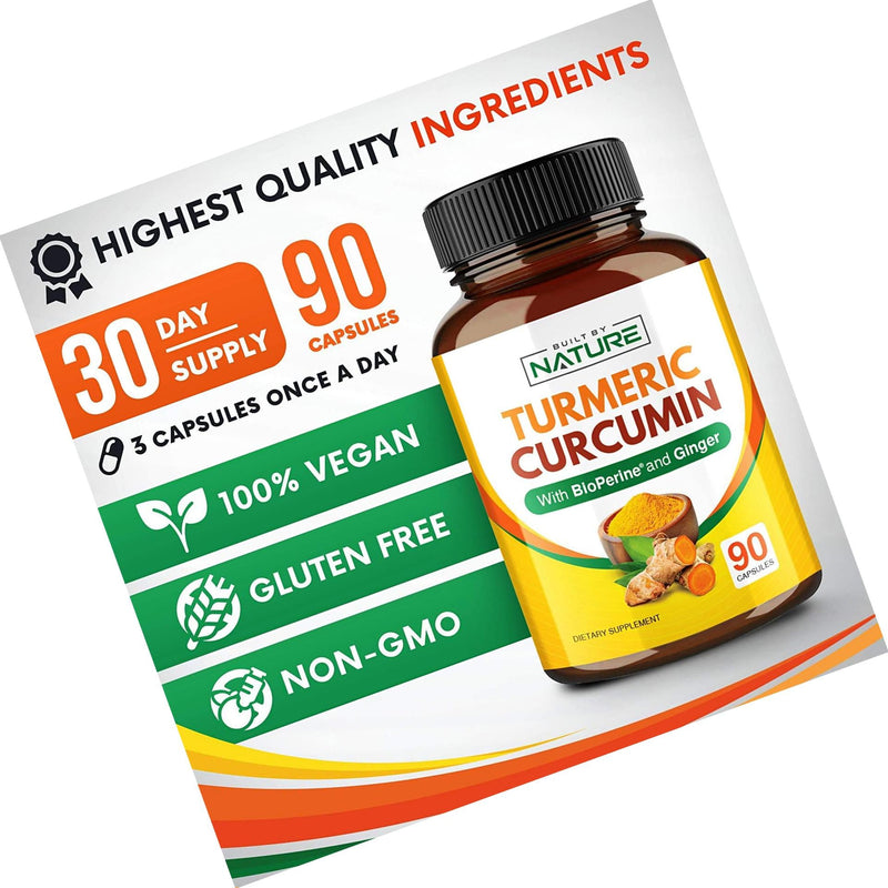 Turmeric Curcumin with BioPerine and Ginger - 95% Curcuminoids with Black Pepper Piperine for Best Absorption - Organic Curcuma Joint Support Supplement - 90 Capsules (30 Day Supply)