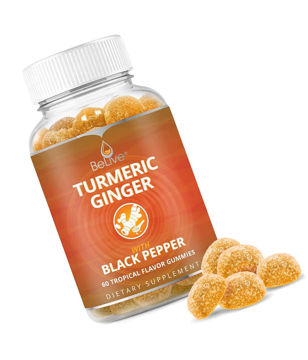 Turmeric Curcumin with Ginger Gummies Supplement for Anti Inflammatory, Antioxidants, Allergy Relief. Vegetarian Friendly and All Natural. 60 Count - BeLive