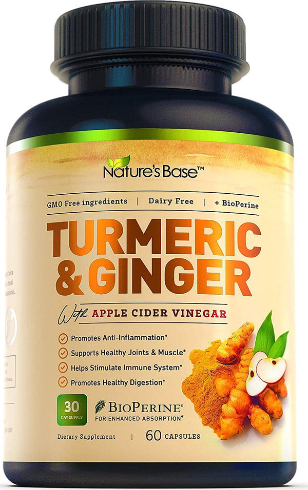 Turmeric Curcumin with Ginger and Apple Cider Vinegar, BioPerine Black Pepper, 95% Curcuminoids, Natural Joint and Healthly Inflammatory Support, Antioxidant Tumeric Supplement, Made in USA, Nature's Base