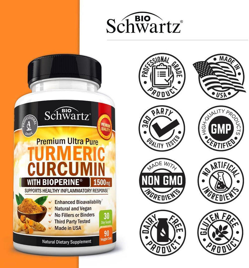 Turmeric Curcumin with BioPerine 1500mg - Natural Joint and Healthy Inflammatory Support with 95% Standardized Curcuminoids for Potency and Absorption - Non-GMO, Gluten Free Capsules with Black Pepper.