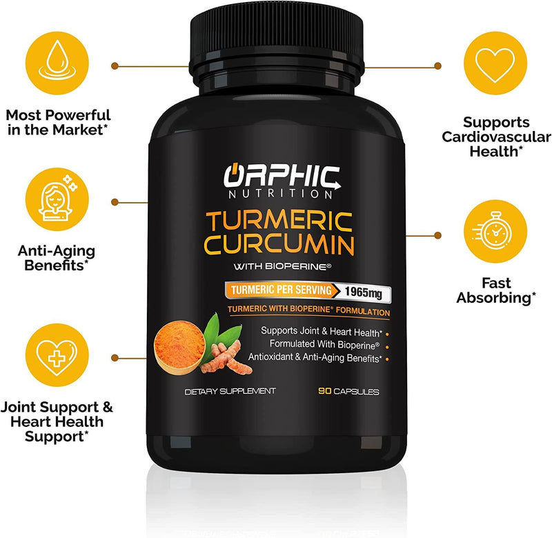 Turmeric Curcumin with Bioperine - Max Potency 1965mg Natural Supplement for Joint Support and Heart Health - Antioxidant and Anti-Aging Formula - Advanced Absorption - Anti Inflammatory - 90 Capsules