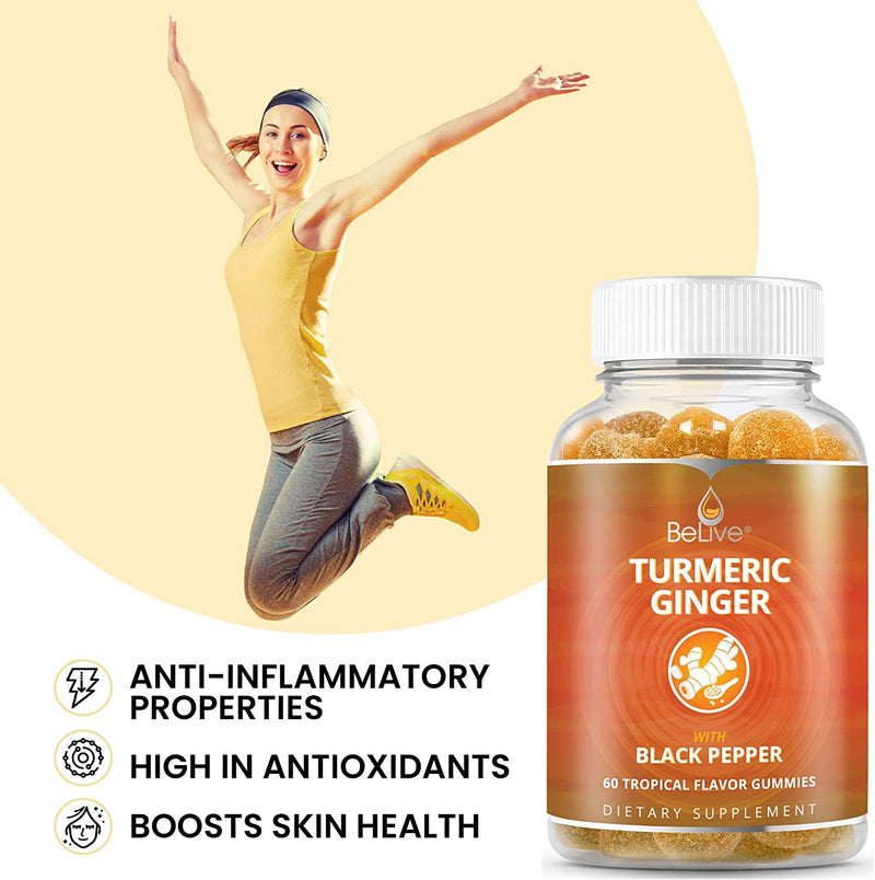 Turmeric Curcumin with Ginger Gummies Supplement for Anti Inflammatory, Antioxidants, Allergy Relief. Vegetarian Friendly and All Natural. 60 Count - BeLive