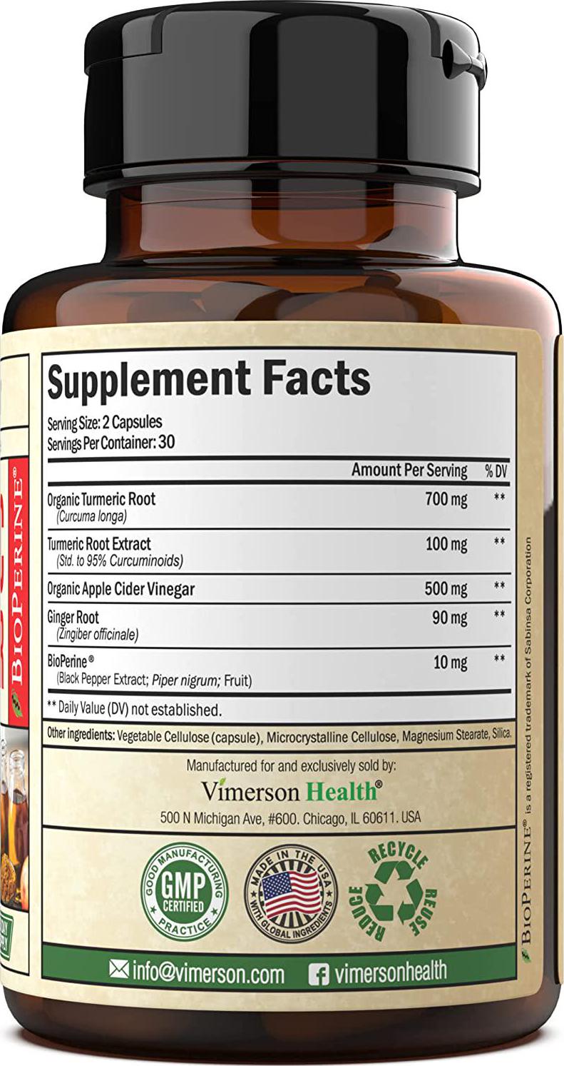 Turmeric and Apple Cider Vinegar Capsules with Ginger and Bioperine. Health Supplement for Joint Support, Boost Metabolism and Aid Digestive Health. 60 Gluten Free, Non-GMO, Vegan Pills