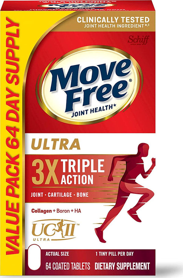 Type II Collagen, Boron and HA Ultra Triple Action Tablets, Move Free (64 count in a bottle), Joint Health Supplement With Just 1 Tiny Pill Per Day To Promote Joint, Cartilage and Bone Health
