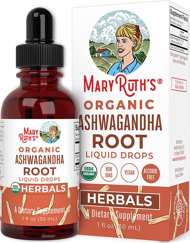 USDA Organic Ashwagandha Root Liquid Drops by MaryRuth's | Adaptogenic, Nervine, Neuroprotective | May Help Alleviate Stress and Regulate Homeostasis | Non-GMO, Vegan, 1oz