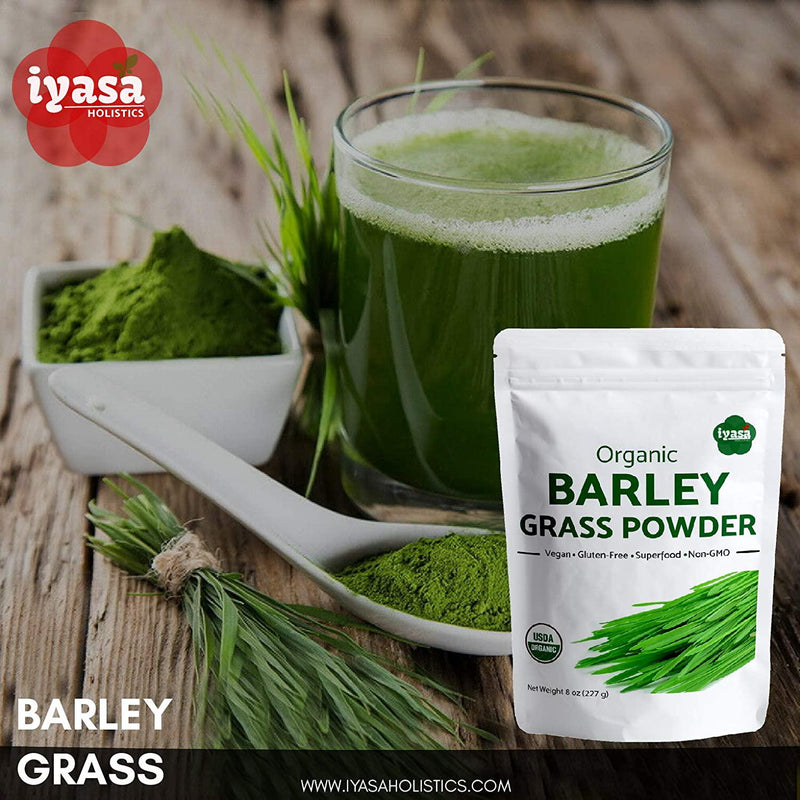USDA Organic Barley Grass Powder, 8 oz (227 Grams), Raw, Vegan, Green Super Food, Rich in Plant Protein, Fibers and Minerals, Natural Energy Booster and Body Detox, Resealable Pouch