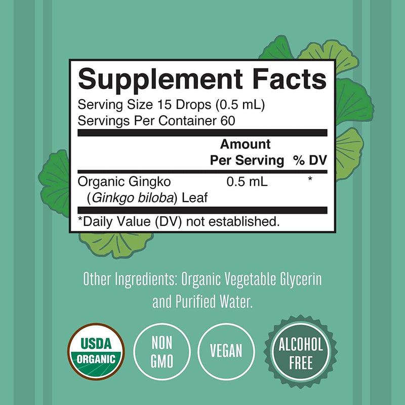 USDA Organic Ginkgo Leaf Liquid Drops by MaryRuth's | Traditional Herb | Nootropic, Neuroprotective | Traditional Use for Circulatory System and Brain Health | Non-GMO, Vegan, 1oz