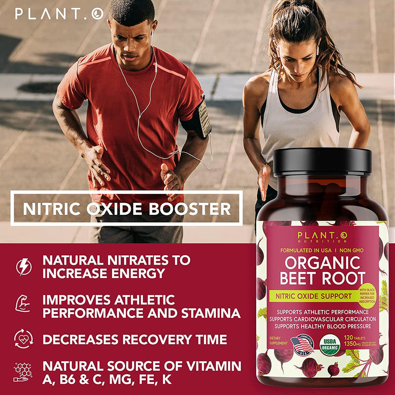 USDA Plant.O Premium Organic Beet Root Tablets [1350mg Beets Powder] with Black Pepper for Extra Absorption - Nitric Oxide Supplement for Heart Health, Blood Pressure and Athletic Performance