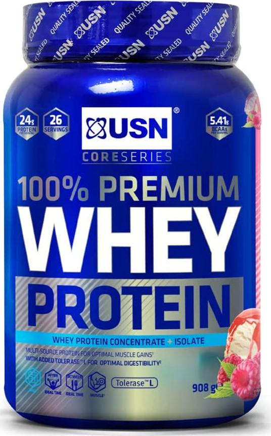 USN 100 Percent Whey Protein Strawberry 908 g: Muscle Building and Recovery Whey Isolate Protein Powder