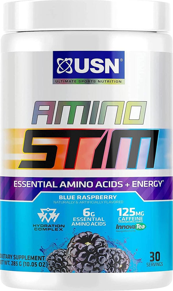 USN Amino Stim EAAs (Essential Amino Acids) + Energy, 125mg Caffeine, 6g Essential Amino Acids, Hydration Complex, Muscle Growth Recovery, Blue Raspberry, 10.05 Ounce (Pack of 1)