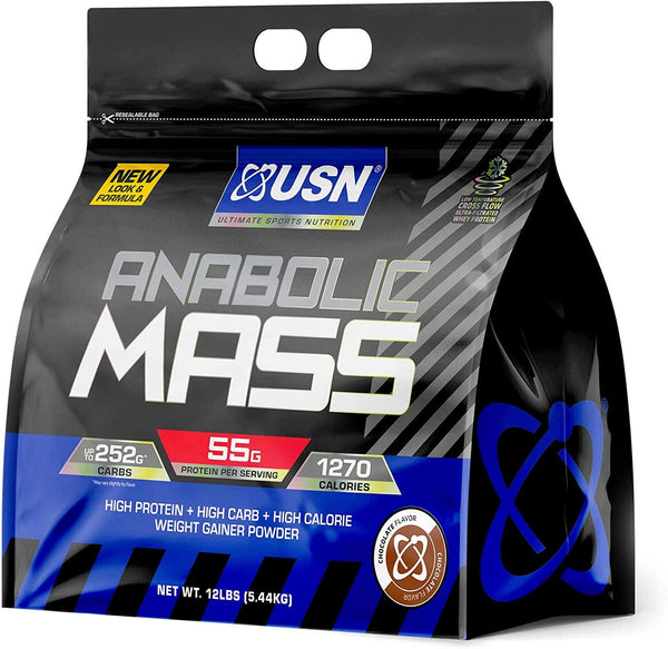 USN Anabolic Mass Chocolate, Sports Nutrition Weight Gainer Supplement, Whey Protein Concentrate, Whey Protein Isolate, Casein, Egg White Protein, MCT derived from Coconut,12 Pound (Pack of 1)