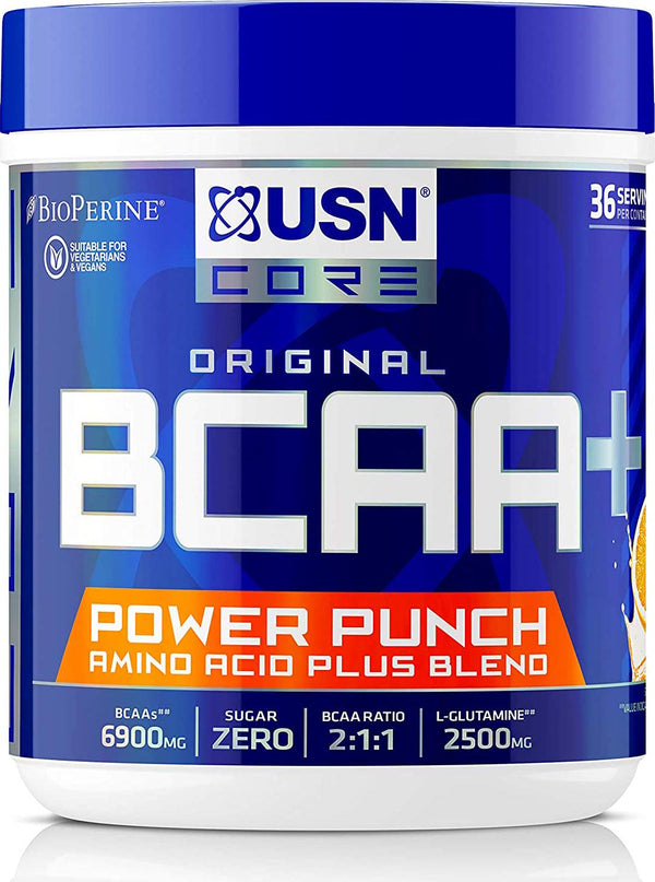 USN BCAA Power Punch, BCAA Powder with Vitamin B6 Intra Workout Amino Drink, Tangerine, 400 g, UN140