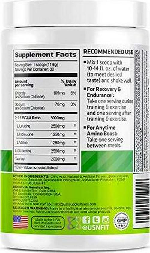 USN Supplements BCAA Amino + Supplement, Green Apple, 11.60 Oz