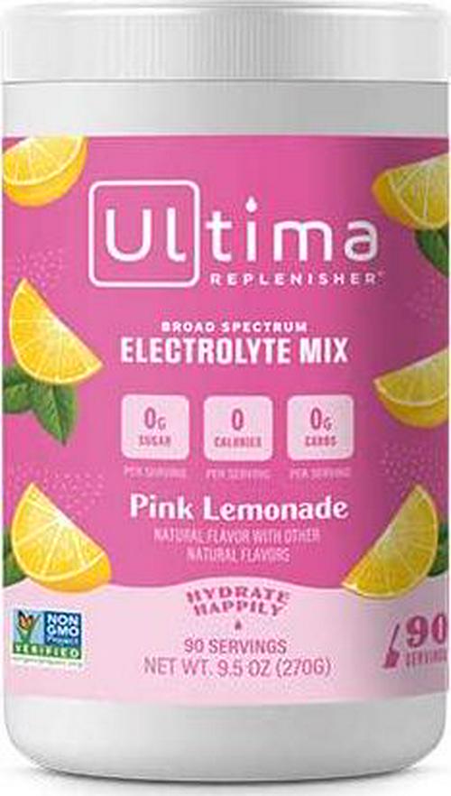 Ultima Replenisher Hydrating Electrolyte Powder, Pink Lemonade, 90 Serving Canister - Sugar Free, 0 Calories, 0 Carbs - Gluten-Free, Keto, Non-GMO with Magnesium, Potassium, Calcium