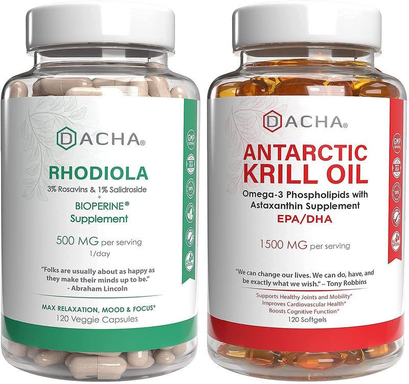 Ultimate Heart and Mental Health Bundle - Rhodiola And Krill Oil, 120 Pills With Omega 3 Rich Antarctic Astaxanthin, Natural Nootropics, Mood Adaptogen, Antioxidant Stress Relief, Memory, Energy Booster
