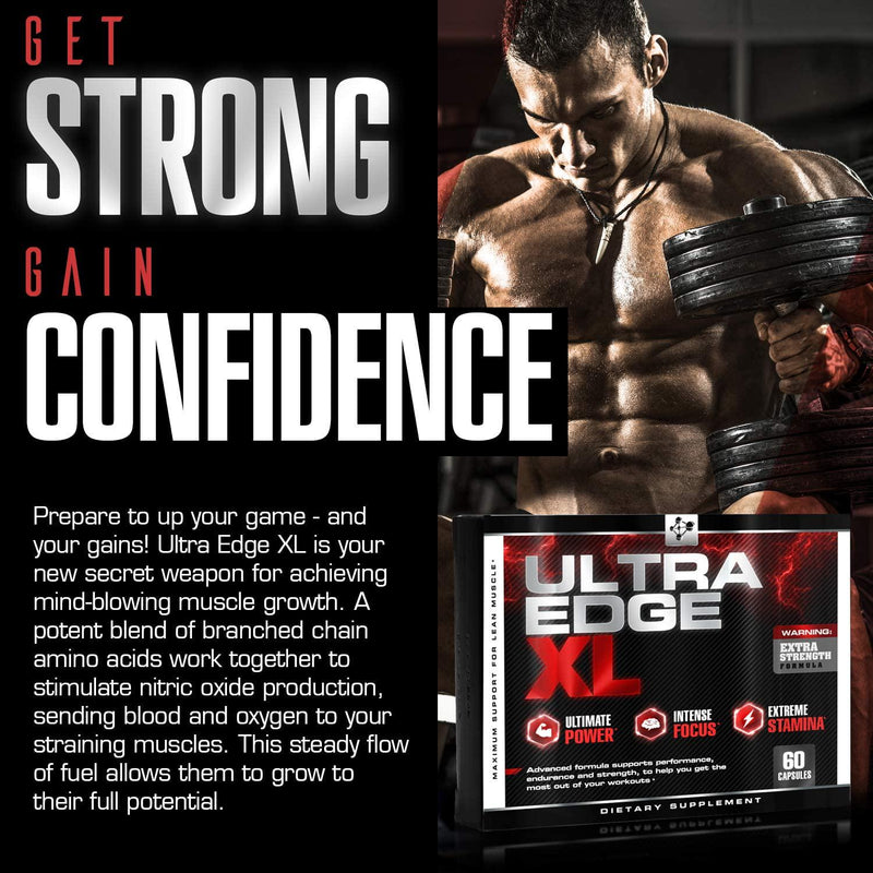 Ultra Edge XL - BCAA Bodybuilding Supplement -- Nitric Oxide Booster for Maximum Muscle Growth - Recovery - and Intensified Workouts - with Amino Acids L Glutamine - L Arginine (60 Capsules)