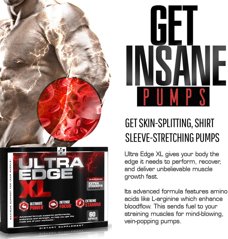 Ultra Edge XL - BCAA Bodybuilding Supplement -- Nitric Oxide Booster for Maximum Muscle Growth - Recovery - and Intensified Workouts - with Amino Acids L Glutamine - L Arginine (60 Capsules)