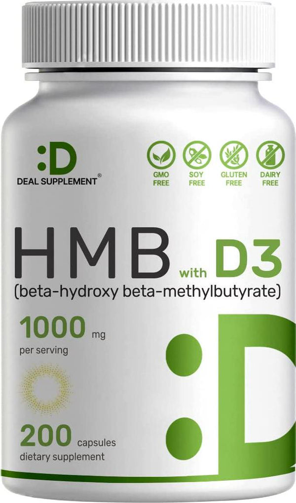Ultra Strength HMB Supplements 1000mg with Vitamin D3 2000 IU Per Serv, 200 Capsules | Third Party Tested | Supports Muscle Growth, Retention and Lean Muscle Mass - Fast Workout Recovery