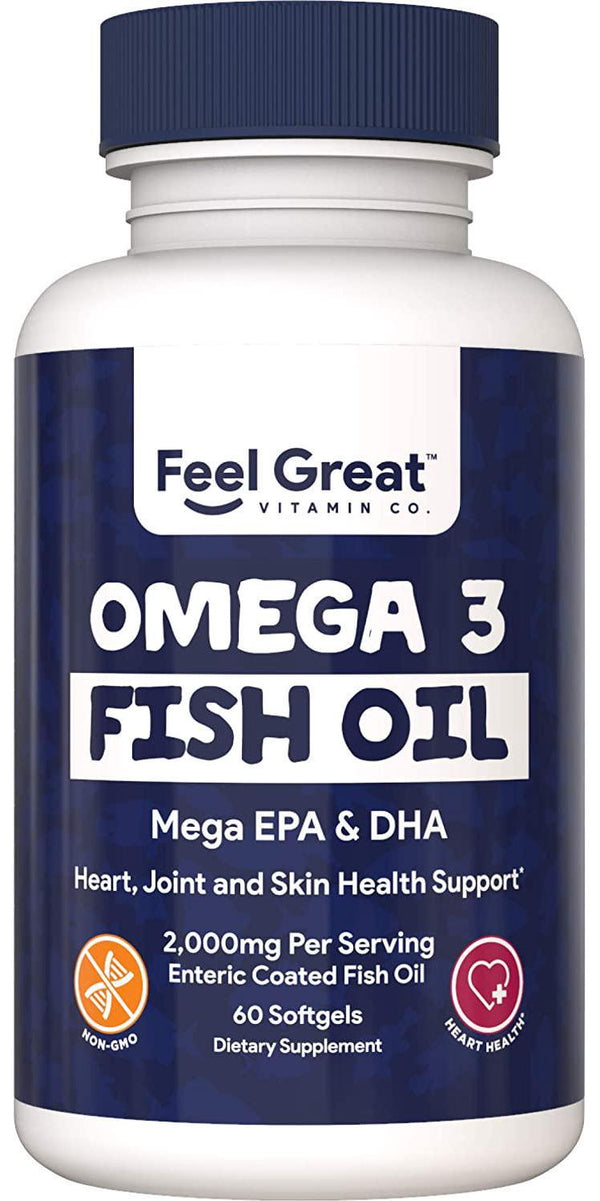 Ultra Strength Omega 3 Burpless Fish Oil (2000 mg) by Feel Great 365, Mega EPA and DHA, Pure Omega 3 6 9 with Vitamin E and Omega 3 Fatty acids for a Healthy Heart and Healthy Cholesterol. *