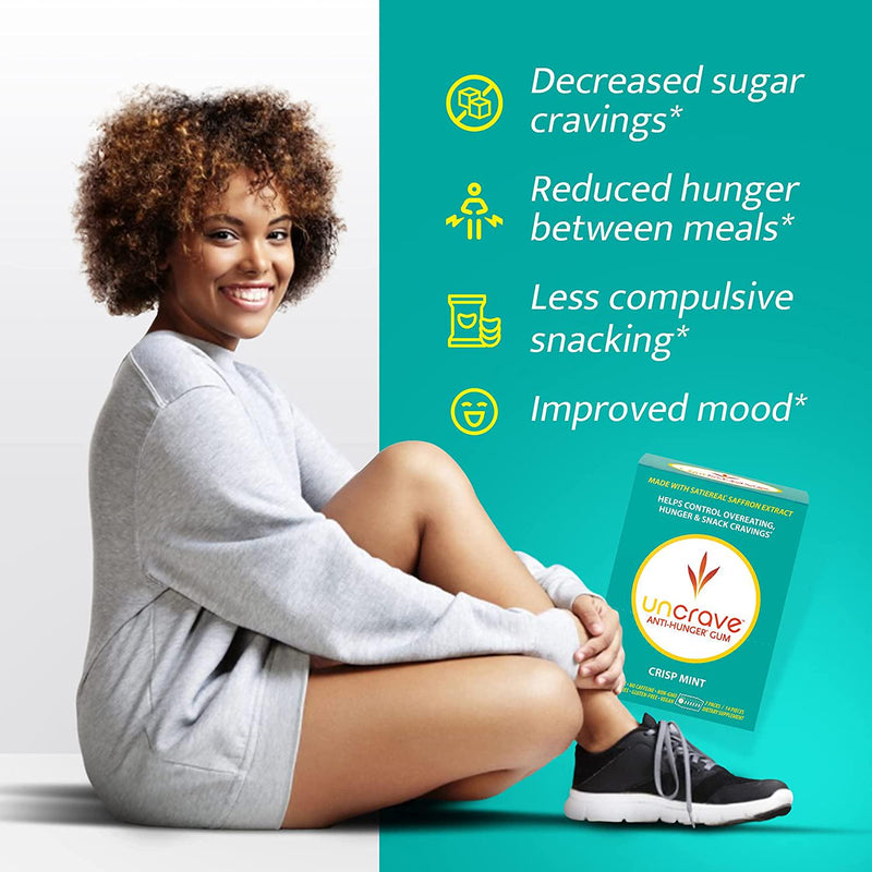UnCrave Anti-Hunger Gum with Satiereal Saffron Extract - Control Compulsive Snacking, Overeating and Cravings for Healthy Weight Management - Improve Mood - Crisp Mint, Box of 7 Packs