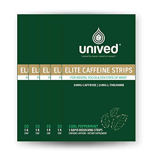 Unived Elite Caffeine Strips | Rapid Mouth Dissolving Strips | 50mg Caffeine 25mg L-Theanine for Mental Clarity and Focus | Pre-Workout for Strength and Endurance Athletes (25 Strips)