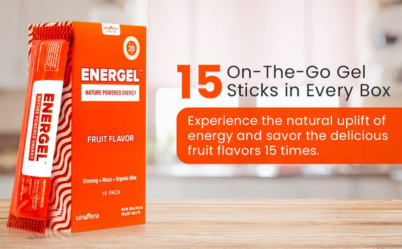 Univera Energel Sticks | Caffeine Free and Keto-Friendly | Enhanced Energy for Exercise and Performance | Natural Ingredients with Ginseng, Maca, Aloe Vera | Fruit Flavor | 15 Sticks