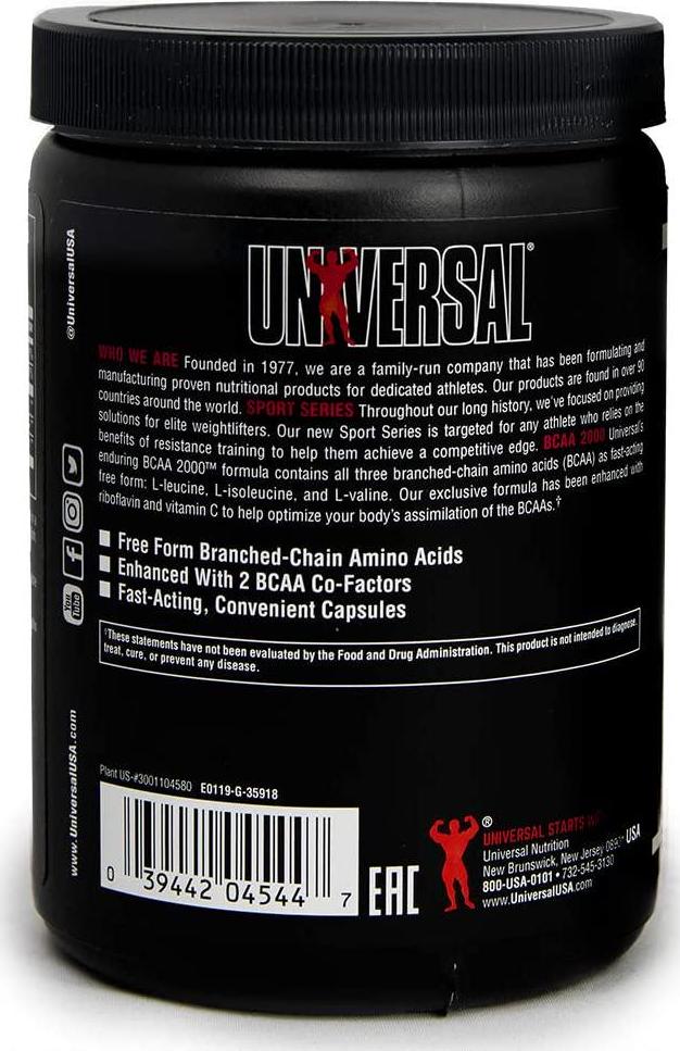 Universal Nutrition BCAA 2000 Pure Capsules, Free Form BCAAs with Co-Factors, 120-Count Bottles