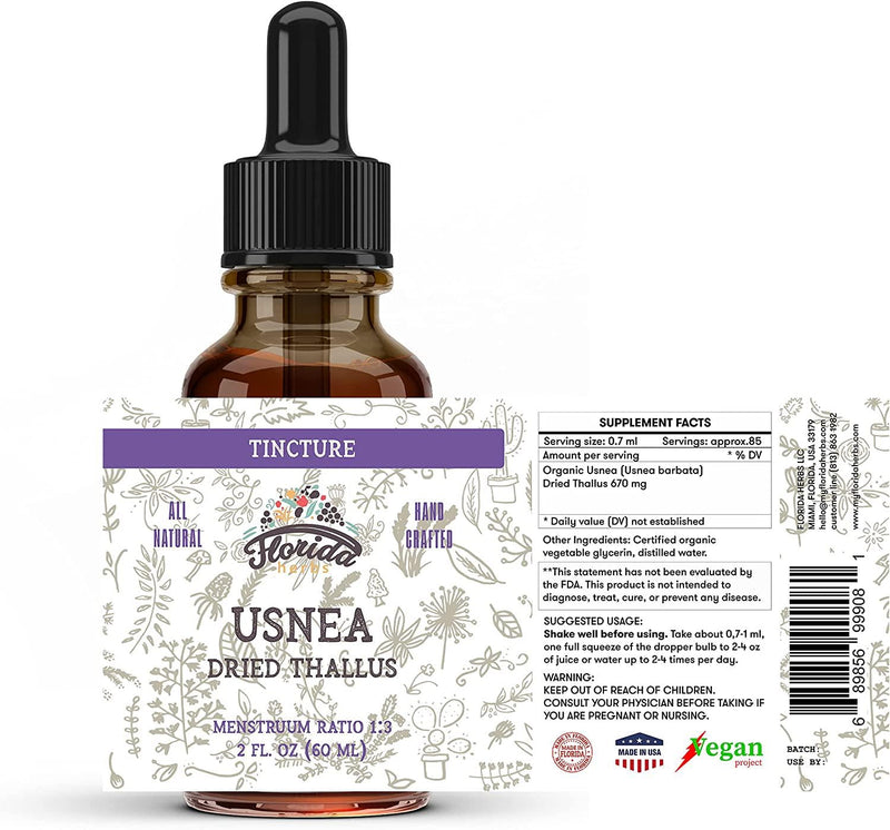 Usnea Tincture Alcohol Free, Organic Usnea Extract (Usnea barbata) Dried Thallus Herbal Supplement, Non-GMO in Cold-Pressed Organic Vegetable Glycerin, 700 mg, 2 oz (60 ml)