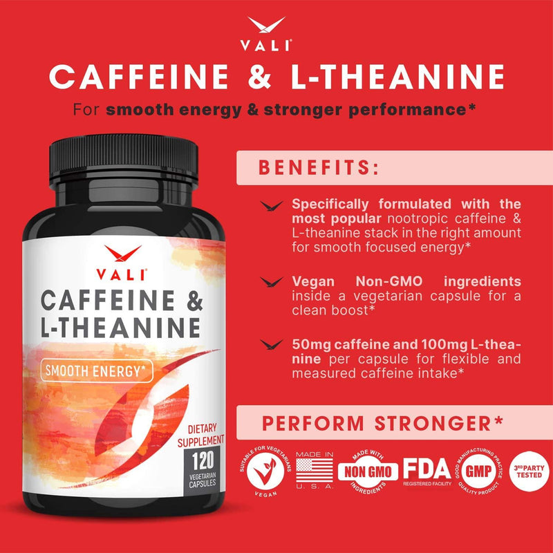 VALI Caffeine 50mg and L-Theanine 100mg Pills - Smart Smooth Energy, Clear Focus, Clarity. Nootropic Supplement Stack. Brain Booster for Active Performance, Cognitive Support. 120 Veggie Capsules
