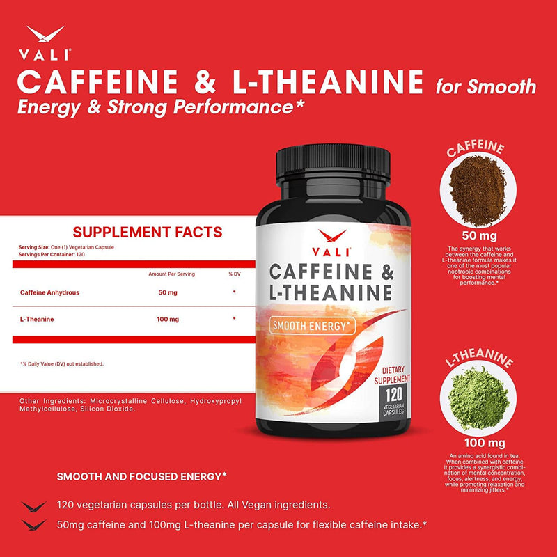 VALI Caffeine 50mg and L-Theanine 100mg Pills - Smart Smooth Energy, Clear Focus, Clarity. Nootropic Supplement Stack. Brain Booster for Active Performance, Cognitive Support. 120 Veggie Capsules