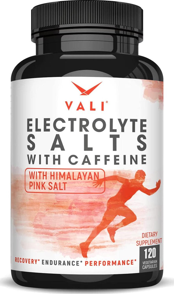 VALI Electrolyte Salts Plus 40mg Caffeine. Rapid Oral Rehydration Replacement Pills. Hydration Nutrition Powder Supplement, Energy, Recovery and Relief Fast. Fluid Health Essentials. 120 Veggie Capsules