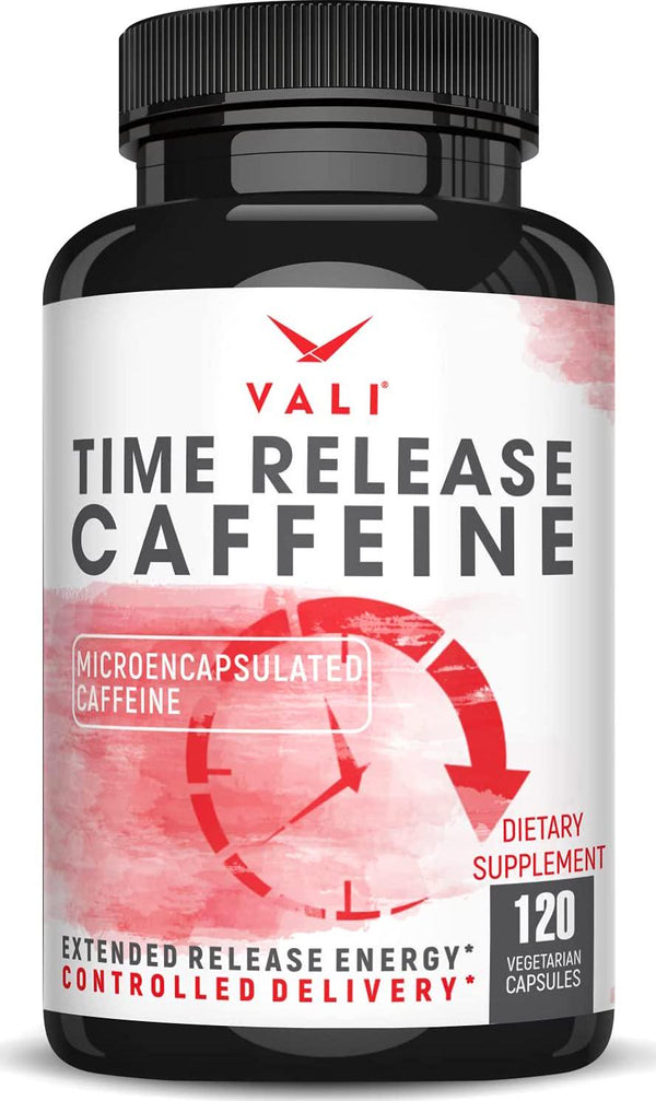 VALI Time Release Caffeine 100mg Pills - Smart Slow Release for Extended Energy and Focus. Advanced Nootropic Supplement. Brain Booster for Active Performance, Alertness and Clarity. 120 Veggie Capsules