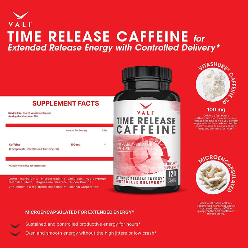 VALI Time Release Caffeine 100mg Pills - Smart Slow Release for Extended Energy and Focus. Advanced Nootropic Supplement. Brain Booster for Active Performance, Alertness and Clarity. 120 Veggie Capsules