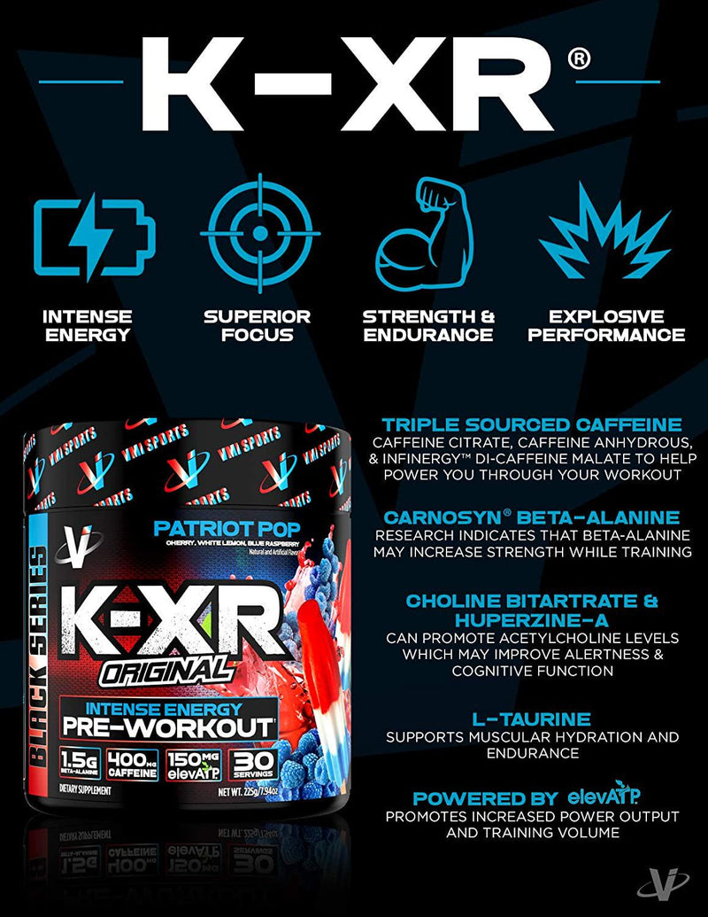VMI Sports K-XR Pre-Workout Supplement for Intense Energy, Patriot Pop Bombsicle, Muscle Builder for Extreme Pumps, Enhanced Focus, Creatine Free, Endurance, Strength and Power Pre-Workout Powder