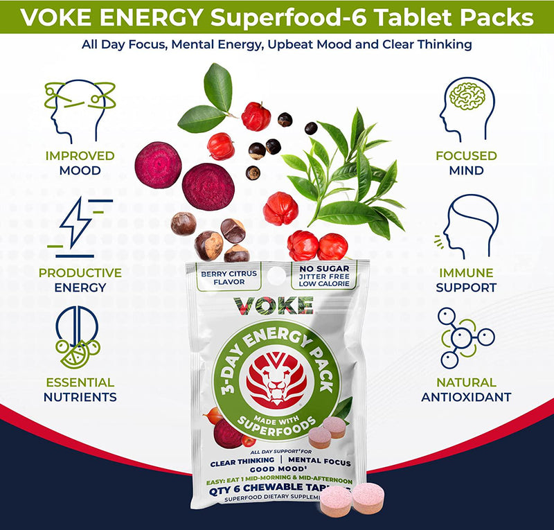 VOKE Energy Tablets - Nootropic Brain Health Support Supplement - Superfood Chewable Tablets, Vitamin C, Supports Focus Memory Concentration Clear Thinking and Good Mood. 30 Count (Pack of 5)