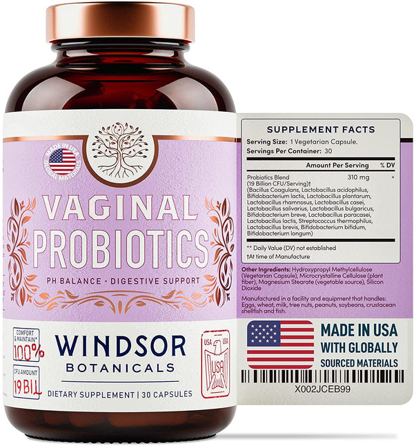 Vaginal Probiotics for Women - Windsor Botanicals One Per Day for Complete Feminine Health Care and a Balanced Vaginal Flora - 19 Bil CFU - 30 Non-GMO, Gluten-Free, Vegetarian Supplement Capsules