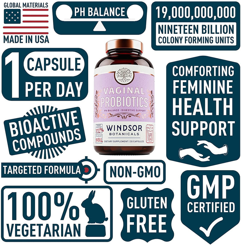 Vaginal Probiotics for Women - Windsor Botanicals One Per Day for Complete Feminine Health Care and a Balanced Vaginal Flora - 19 Bil CFU - 30 Non-GMO, Gluten-Free, Vegetarian Supplement Capsules