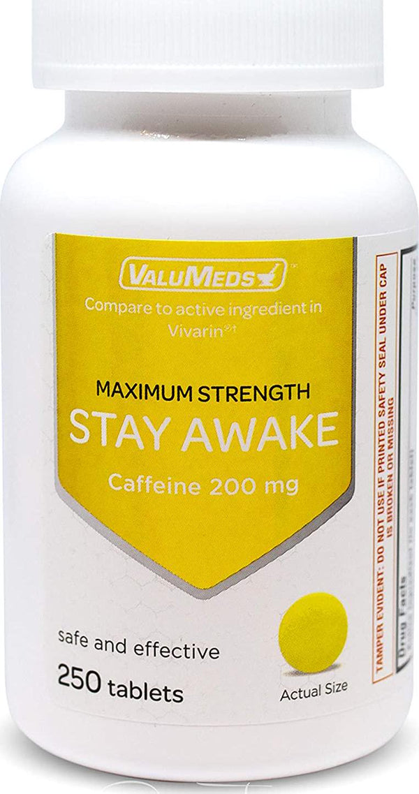 ValuMeds Caffeine Pills (200mg) Fast-Acting Alertness Supplement | Safe, Effective Energy Boost | Restore Clarity, Focus at Home, Work, School | 250 Tablets