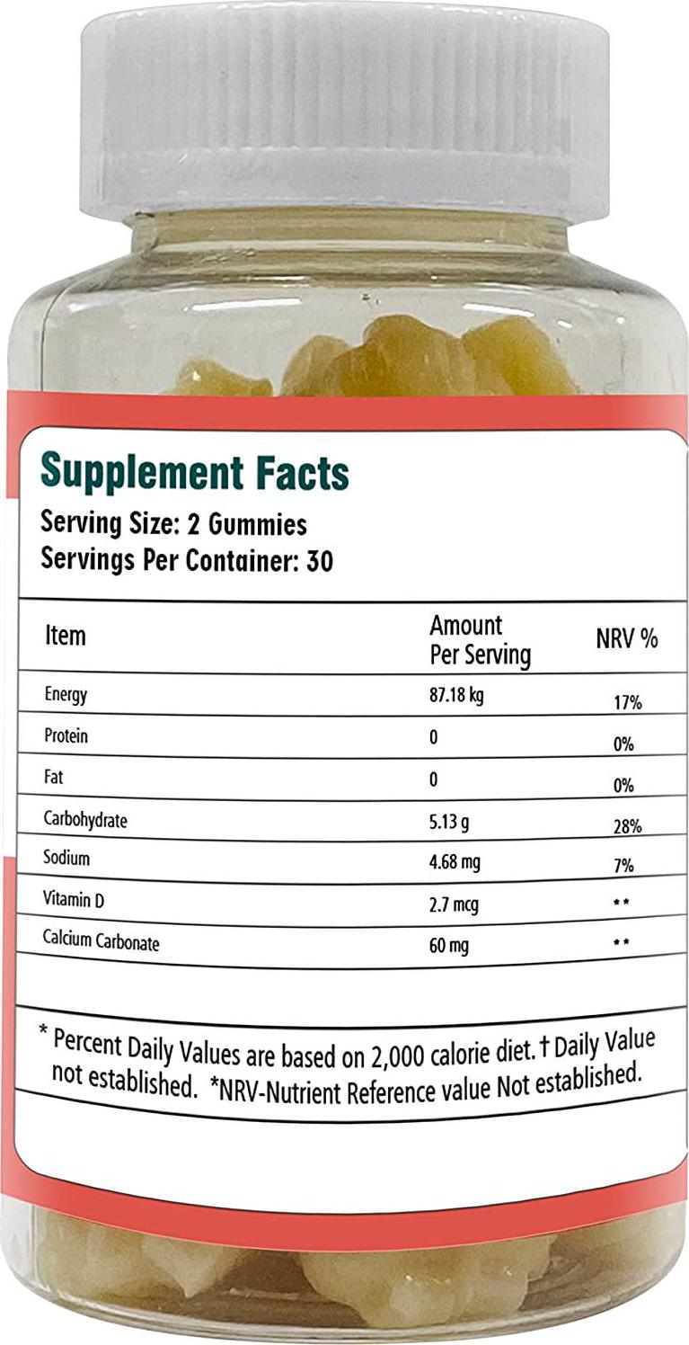 Ved Calcium Gummies; Chews Litchi Flavour, Calcium and Vitamin D Gummies, Vegetarian Vegan Health Supplement - 60 Chews 30 Days’ Supply