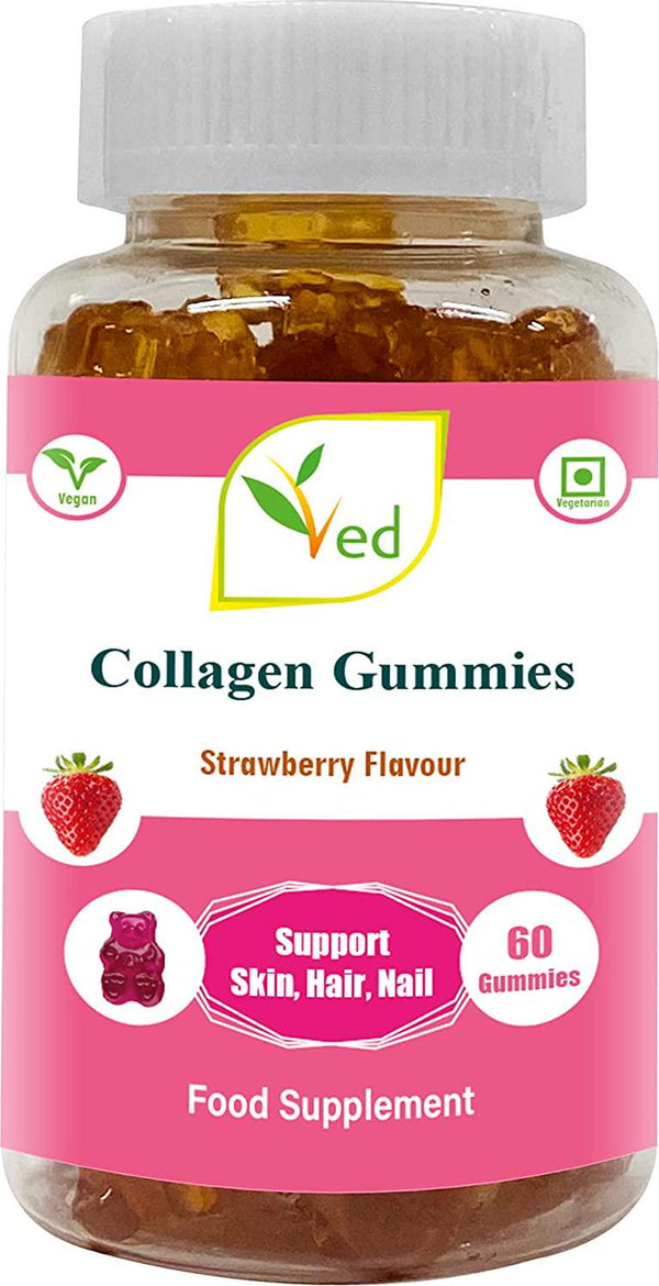 Ved Collagen Gummies; COL Chews Strawberry Flavour, Raw Unfiltered Collagen Gummies with Mother Culture, Vegetarian Vegan Health Supplement for Men and Women- 60 Chews 30 Days’ Supply