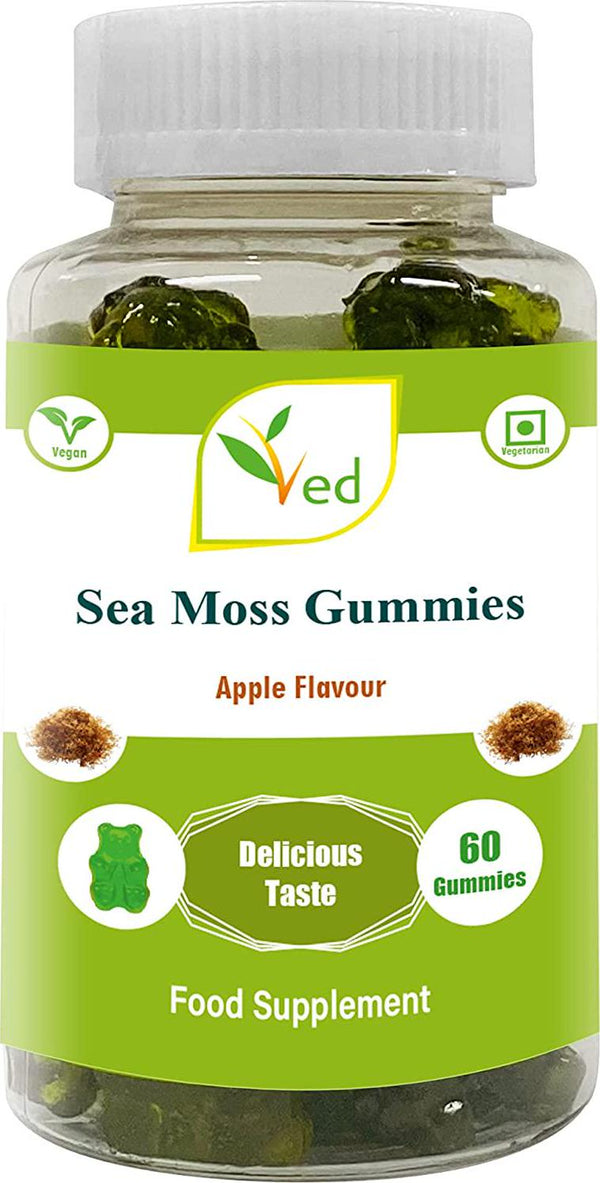 Ved Sea Moss Gummies; SM Chews Apple Flavour, Raw Unfiltered Sea Moss Gummies with Mother Culture, Vegetarian Vegan Health Supplement for Men and Women- 60 Chews 30 Days’ Supply
