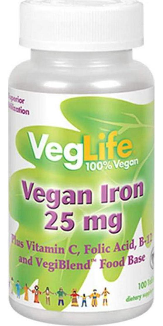 VegLife Vegan Iron 25 mg | Plus Vitamin C, Folic Acid, B-12 and VegiBlend Food Base | Plant Based Iron Supplement for Women and Men | 100 Tablets
