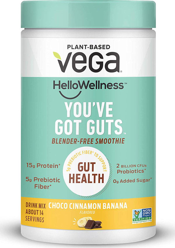 Vega Hello Wellness You ve Got Guts Blender Free Smoothie, Choco Cinnamon Banana (14 Servings, 14.3oz) - Plant Based Vegan Protein Powder, 5g Prebiotic Fiber, 0g Added Sugar