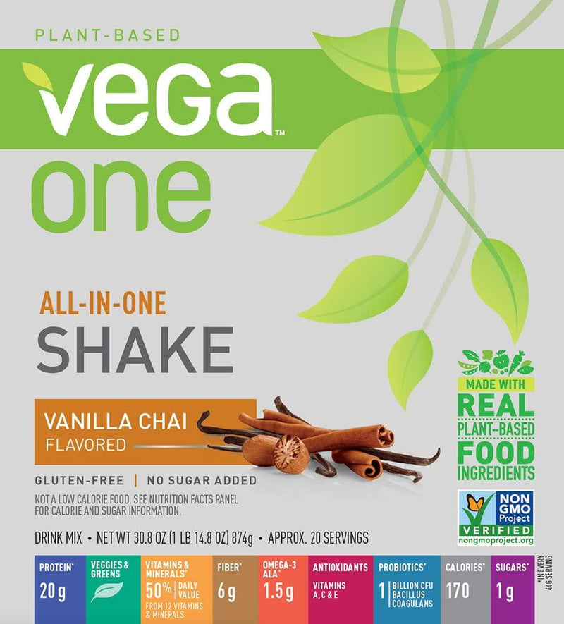 Vega One All-in-One Nutritional Shake Vanilla Chai (Tub, 30.8oz) - Plant Based Vegan Protein Powder, Non Dairy, Gluten Free, Non GMO